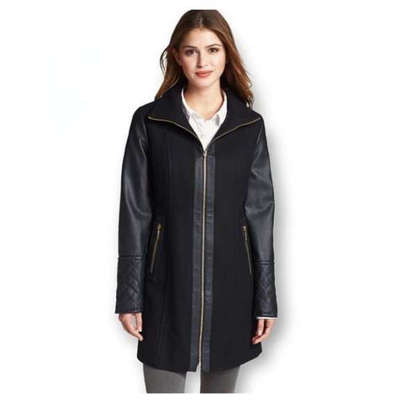 MICHAEL Michael Kors Jackets & Blazers - Michael Kors Women's Black Wool and Faux Leather Coat, Size: 8